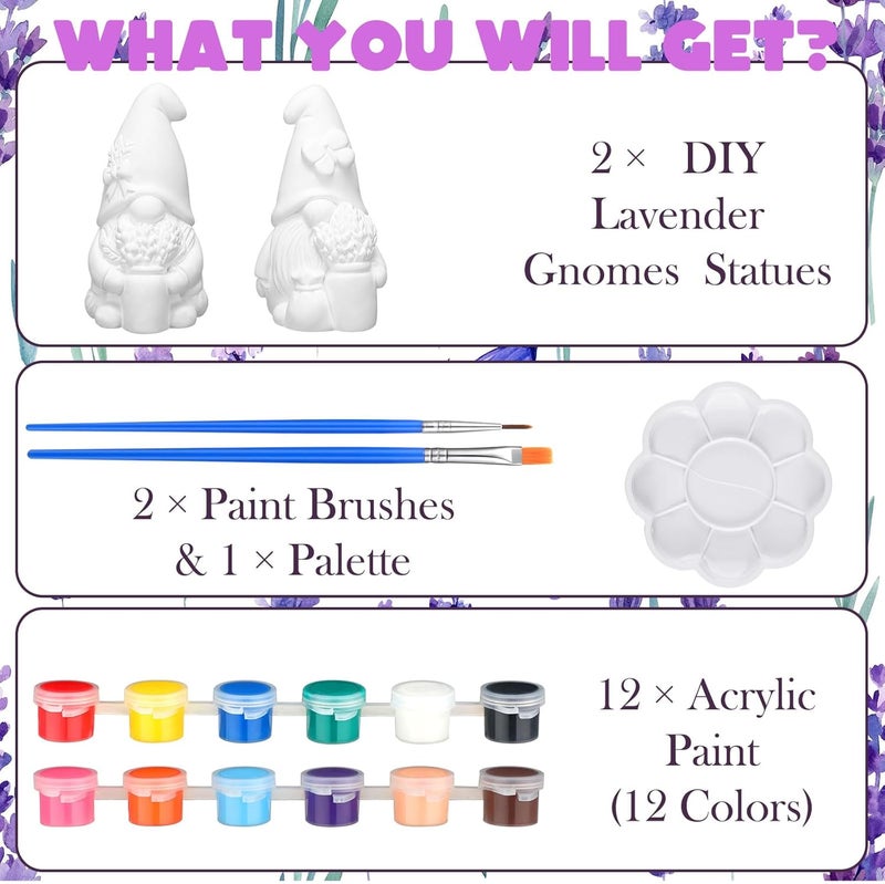 Seenelling 2 Pack Lavender Dream Gnomes Ready to Paint Your Own Statues 4'' DIY Unpainted Ceramics Figurines Kit Paintable Ceramics Art and Crafts Purple Fragrance Wonderland Journey Decor - Image 3